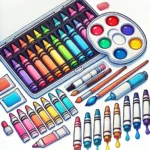 DALL·E 2025-02-08 20.54.58 – A clear and well-organized illustration showcasing three types of coloring tools_ wax crayons, watercolor paints with a brush, and marker pens. The wa