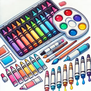 DALL·E 2025-02-08 20.54.58 – A clear and well-organized illustration showcasing three types of coloring tools_ wax crayons, watercolor paints with a brush, and marker pens. The wa